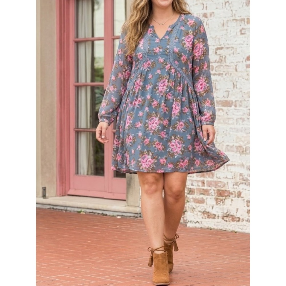 Matilda Jane Dress size XL Blue Floral Swiss Dot Empire Waist Boho Feminine